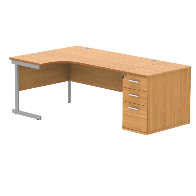 Single Upright Left Hand Radial Desk + Desk High Pedestal | 800mm Deep Pedestal | 1600 X 1200 | Norwegian Beech/Silver