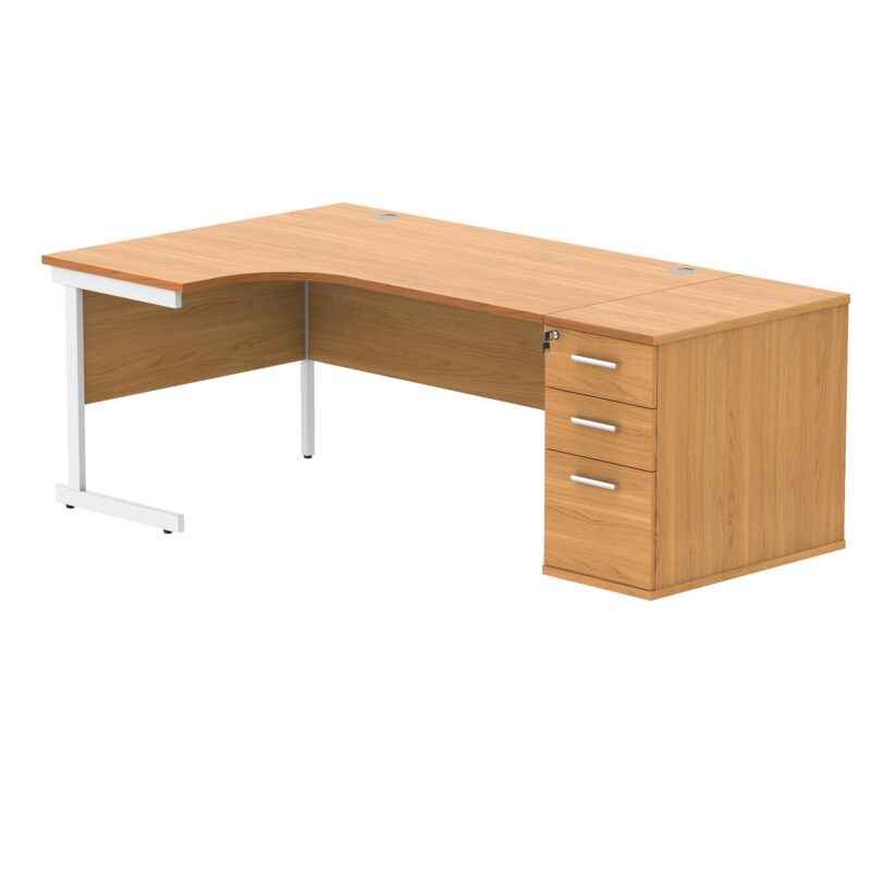 Single Upright Left Hand Radial Desk + Desk High Pedestal | 800mm Deep Pedestal | 1600 X 1200 | Norwegian Beech/White