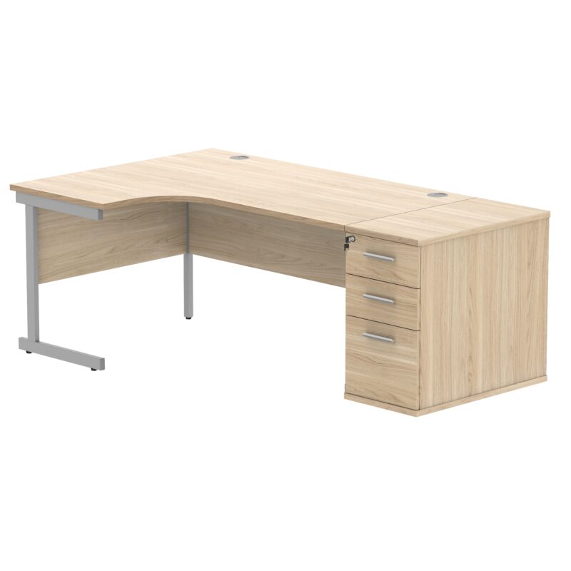 Single Upright Left Hand Radial Desk + Desk High Pedestal | 800mm Deep Pedestal | 1600 X 1200 | Canadian Oak/Silver