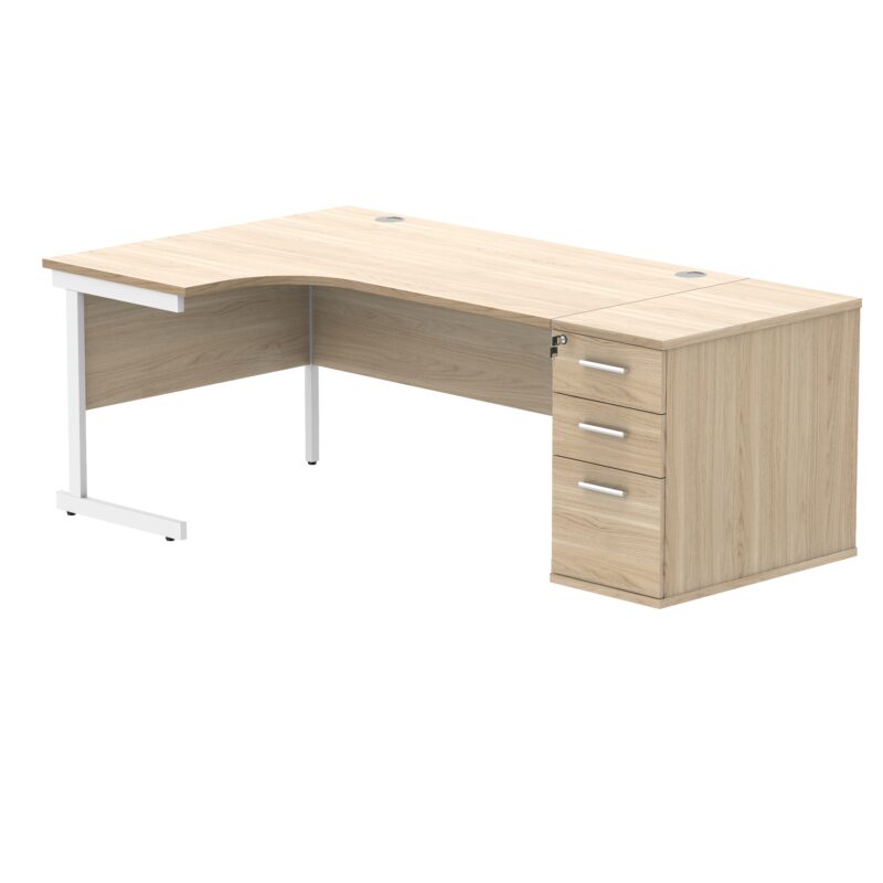 Single Upright Left Hand Radial Desk + Desk High Pedestal | 800mm Deep Pedestal | 1600 X 1200 | Canadian Oak/White