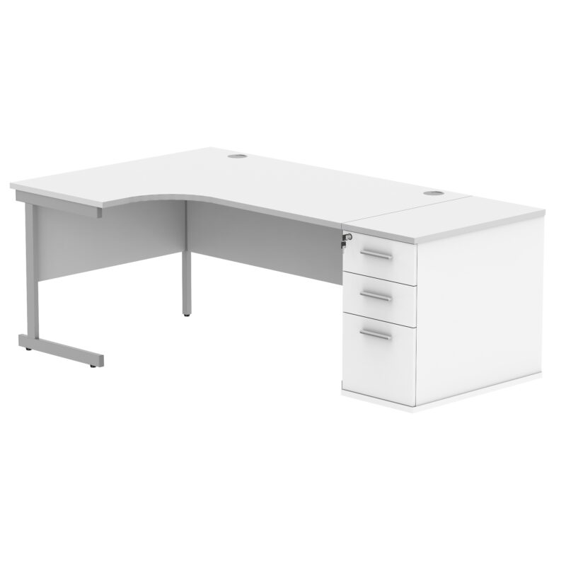 Single Upright Left Hand Radial Desk + Desk High Pedestal | 800mm Deep Pedestal | 1600 X 1200 | Arctic White/Silver