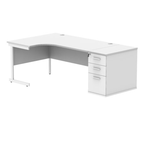 Single Upright Left Hand Radial Desk + Desk High Pedestal | 800mm Deep Pedestal | 1600 X 1200 | Arctic White/White