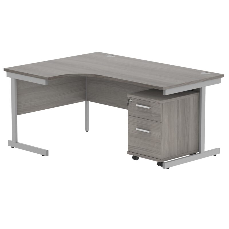 Single Upright Left Hand Radial Desk + 2 Drawer Mobile Under Desk Pedestal | 1600 X 1200 | Alaskan Grey Oak/Silver