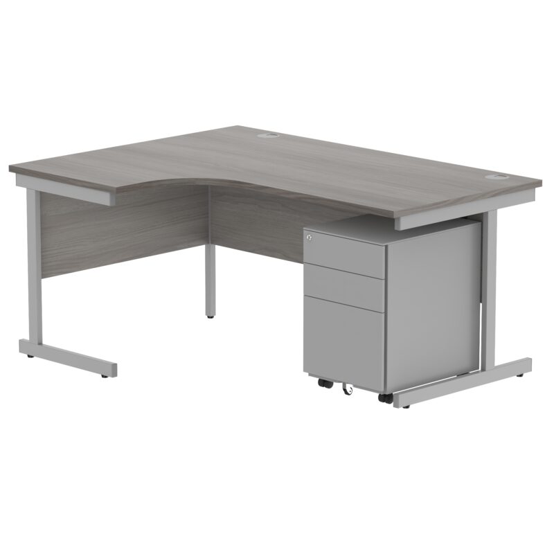 CORE Single Upright Left Hand Radial Desk + Under Desk Steel Pedestal 3 Drawers | 1600 X 1200 | Alaskan Grey Oak/Silver