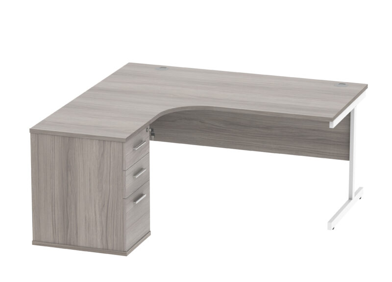 Single Upright Left Hand Radial Desk + Desk High Pedestal | 600mm Deep Pedestal | 1600 X 1200 | Alaskan Grey Oak/Silver