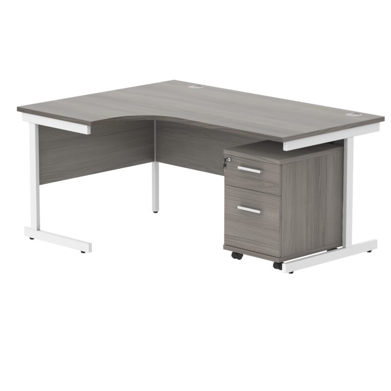 Single Upright Left Hand Radial Desk + 2 Drawer Mobile Under Desk Pedestal | 1600 X 1200 | Alaskan Grey Oak/White