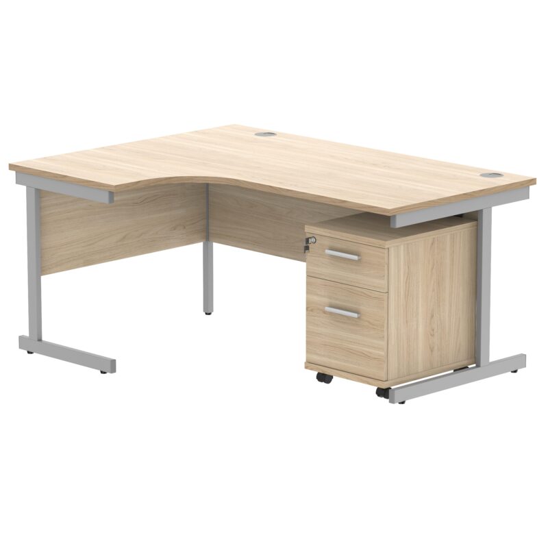 Single Upright Left Hand Radial Desk + 2 Drawer Mobile Under Desk Pedestal | 1600 X 1200 | Canadian Oak/Silver