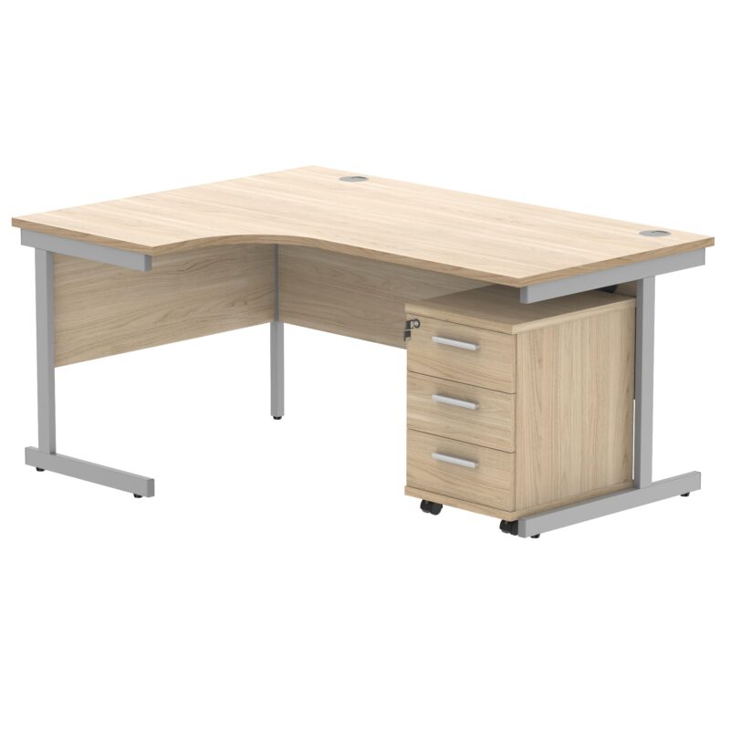 Single Upright Left Hand Radial Desk + 3 Drawer Mobile Under Desk Pedestal | 1600 X 1200 | Canadian Oak/Silver