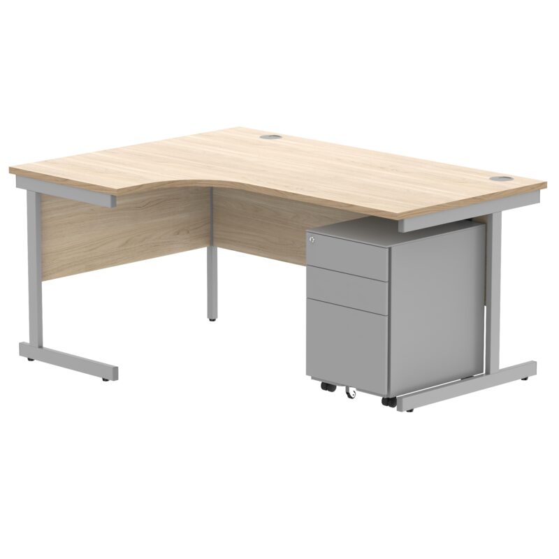 CORE Single Upright Left Hand Radial Desk + Under Desk Steel Pedestal 3 Drawers | 1600 X 1200 | Canadian Oak/Silver