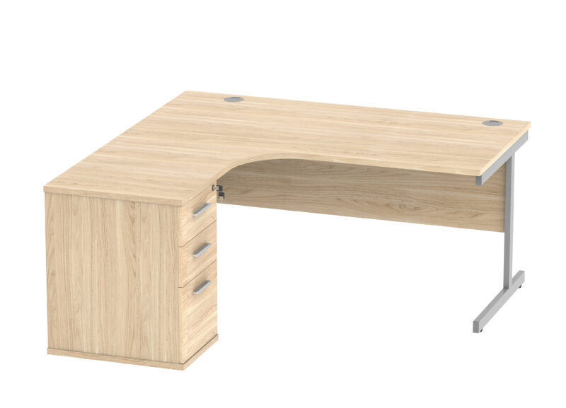 Single Upright Left Hand Radial Desk + Desk High Pedestal | 600mm Deep Pedestal | 1600 X 1200 | Canadian Oak/Silver