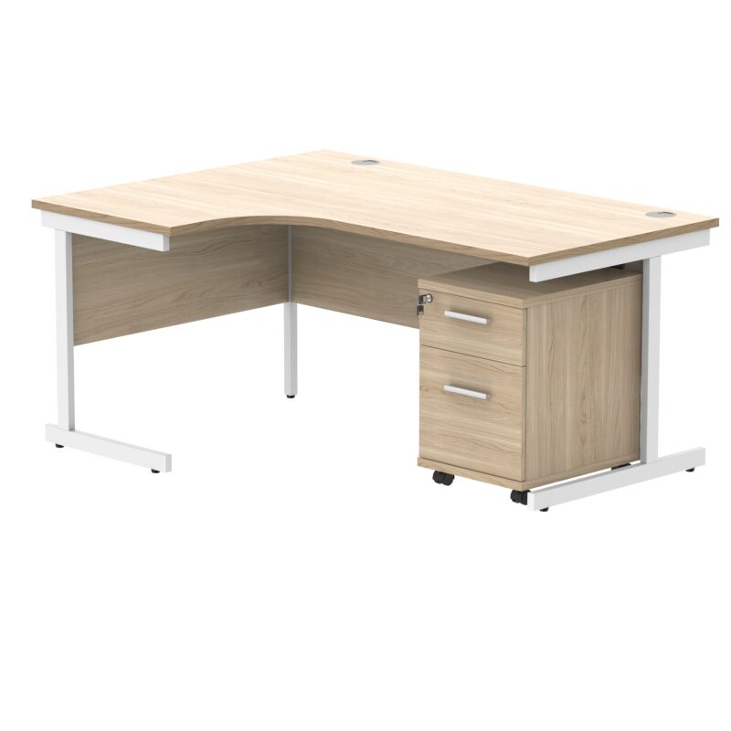 Single Upright Left Hand Radial Desk + 2 Drawer Mobile Under Desk Pedestal | 1600 X 1200 | Canadian Oak/White