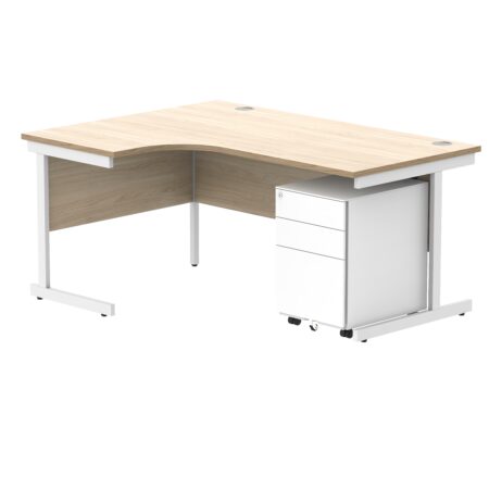 CORE Single Upright Left Hand Radial Desk + Under Desk Steel Pedestal 3 Drawers | 1600 X 1200 | Canadian Oak/White