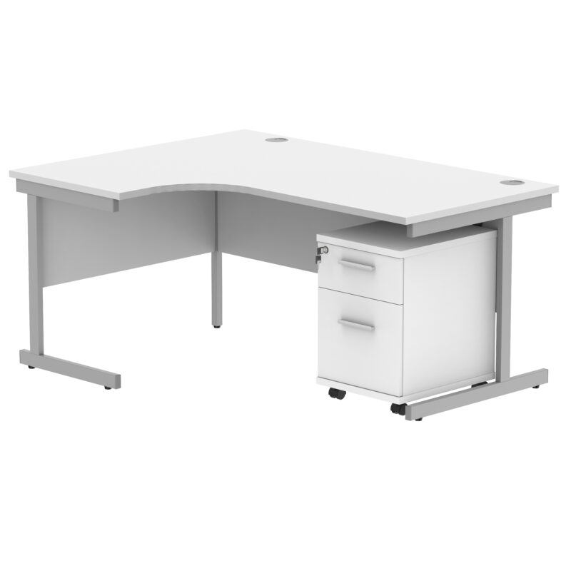 Single Upright Left Hand Radial Desk + 2 Drawer Mobile Under Desk Pedestal | 1600 X 1200 | Arctic White/Silver