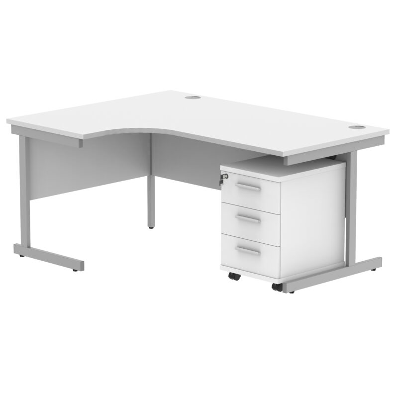 Single Upright Left Hand Radial Desk + 3 Drawer Mobile Under Desk Pedestal | 1600 X 1200 | Arctic White/Silver