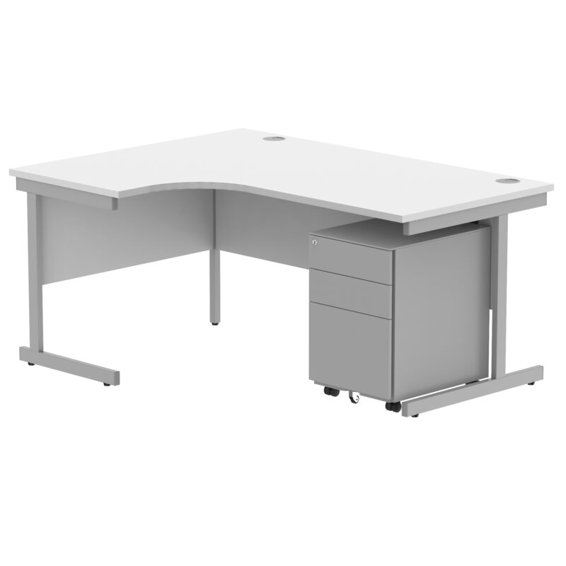 CORE Single Upright Left Hand Radial Desk + Under Desk Steel Pedestal 3 Drawers | 1600 X 1200 | Arctic White/Silver