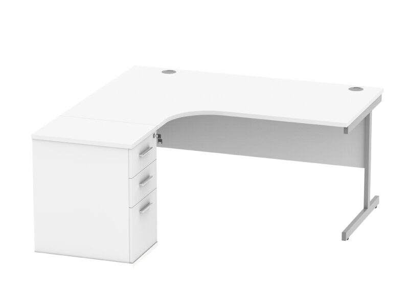 Single Upright Left Hand Radial Desk + Desk High Pedestal | 600mm Deep Pedestal | 1600 X 1200 | Arctic White/Silver