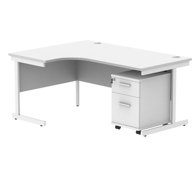 Single Upright Left Hand Radial Desk + 2 Drawer Mobile Under Desk Pedestal | 1600 X 1200 | Arctic White/White