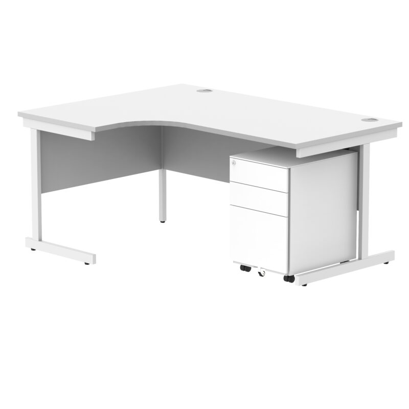 CORE Single Upright Left Hand Radial Desk + Under Desk Steel Pedestal 3 Drawers | 1600 X 1200 | Arctic White/White