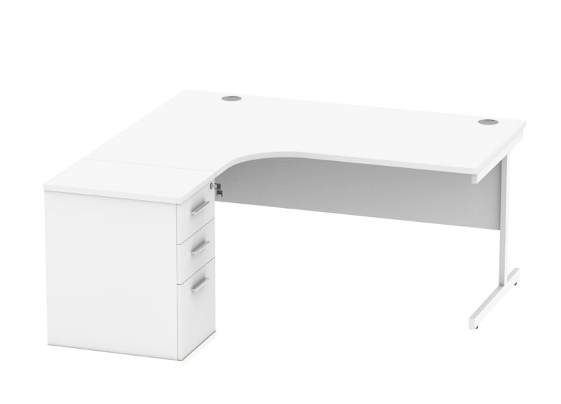 Single Upright Left Hand Radial Desk + Desk High Pedestal | 600mm Deep Pedestal | 1600 X 1200 | Arctic White/White