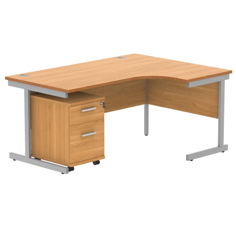 Single Upright Right Hand Radial Desk + 2 Drawer Mobile Under Desk Pedestal | 1600 X 1200 | Norwegian Beech/Silver