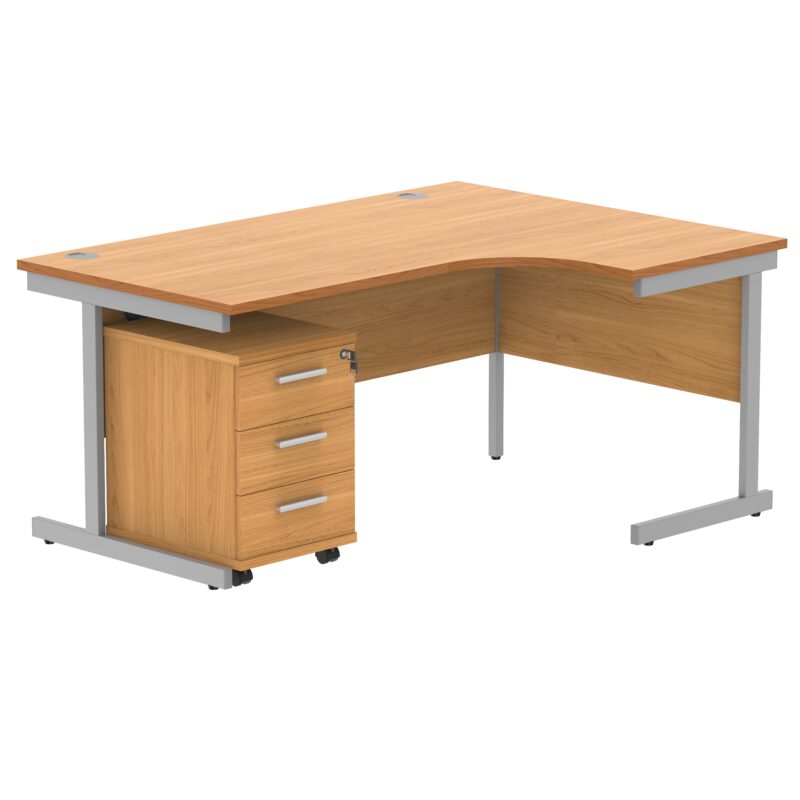 Single Upright Right Hand Radial Desk + 3 Drawer Mobile Under Desk Pedestal | 1600 X 1200 | Norwegian Beech/Silver