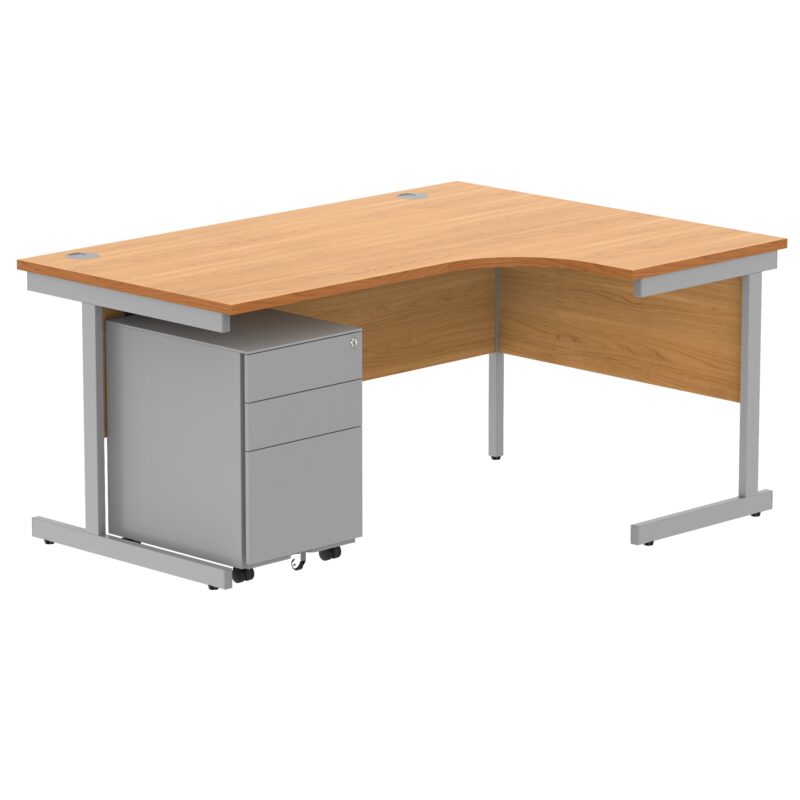 CORE Single Upright Right Hand Radial Desk + Under Desk Steel Pedestal 3 Drawers | 1600 X 1200 | Norwegian Beech/Silver