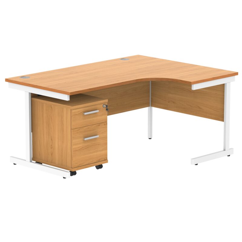 Single Upright Right Hand Radial Desk + 2 Drawer Mobile Under Desk Pedestal | 1600 X 1200 | Norwegian Beech/White