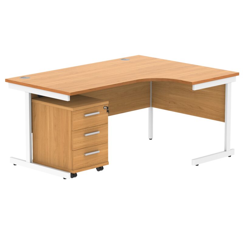 Single Upright Right Hand Radial Desk + 3 Drawer Mobile Under Desk Pedestal | 1600 X 1200 | Norwegian Beech/White