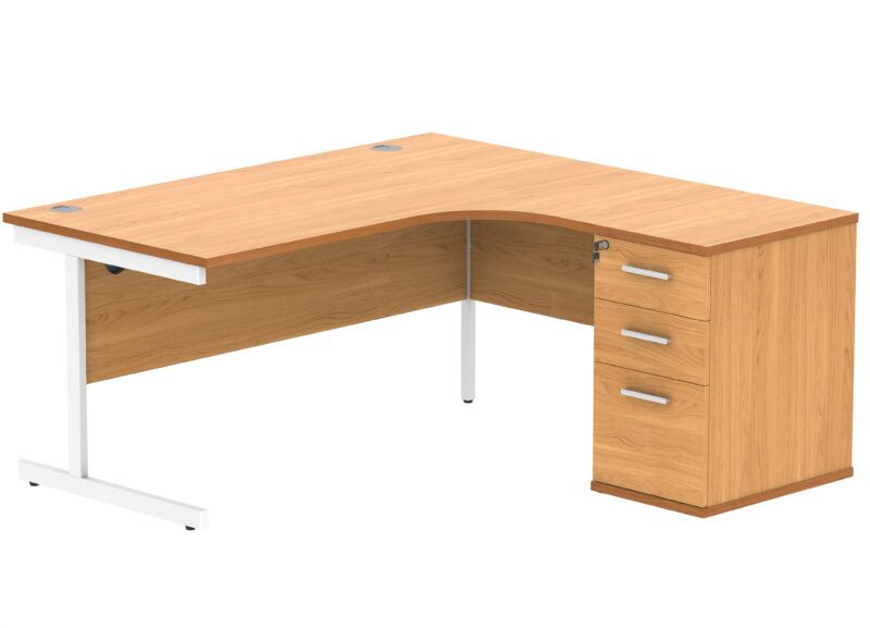 Single Upright Right Hand Radial Desk + Desk High Pedestal | 600mm Deep Pedestal | 1600 X 1200 | Norwegian Beech/White