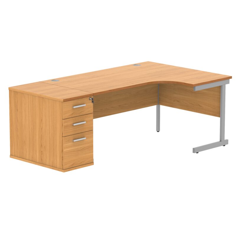 Single Upright Right Hand Radial Desk + Desk High Pedestal | 800mm Deep Pedestal | 1600 X 1200 | Norwegian Beech/Silver