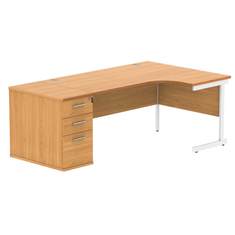 Single Upright Right Hand Radial Desk + Desk High Pedestal | 800mm Deep Pedestal | 1600 X 1200 | Norwegian Beech/White