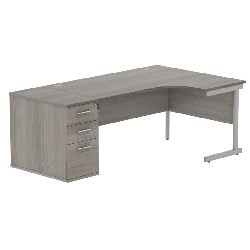 Single Upright Right Hand Radial Desk + Desk High Pedestal | 800mm Deep Pedestal | 1600 X 1200 | Alaskan Grey Oak/Silver