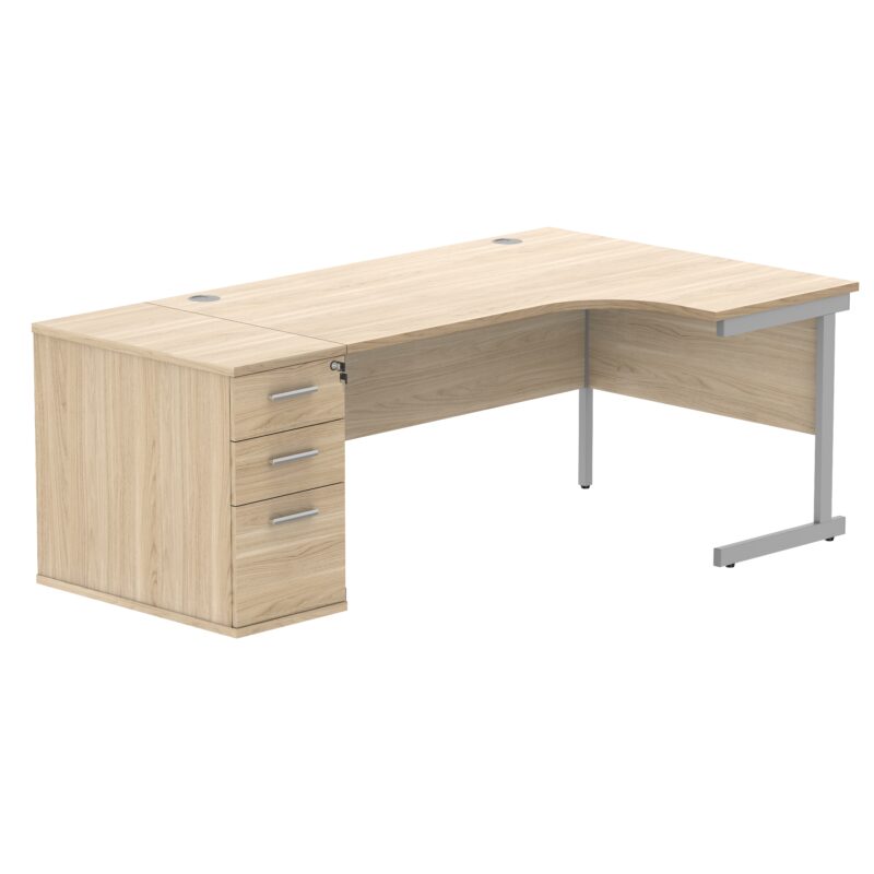 Single Upright Right Hand Radial Desk + Desk High Pedestal | 800mm Deep Pedestal | 1600 X 1200 | Canadian Oak/Silver