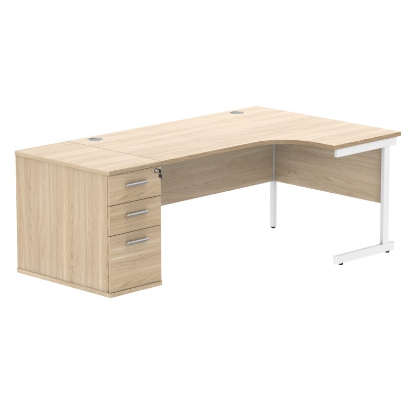 Single Upright Right Hand Radial Desk + Desk High Pedestal | 800mm Deep Pedestal | 1600 X 1200 | Canadian Oak/White