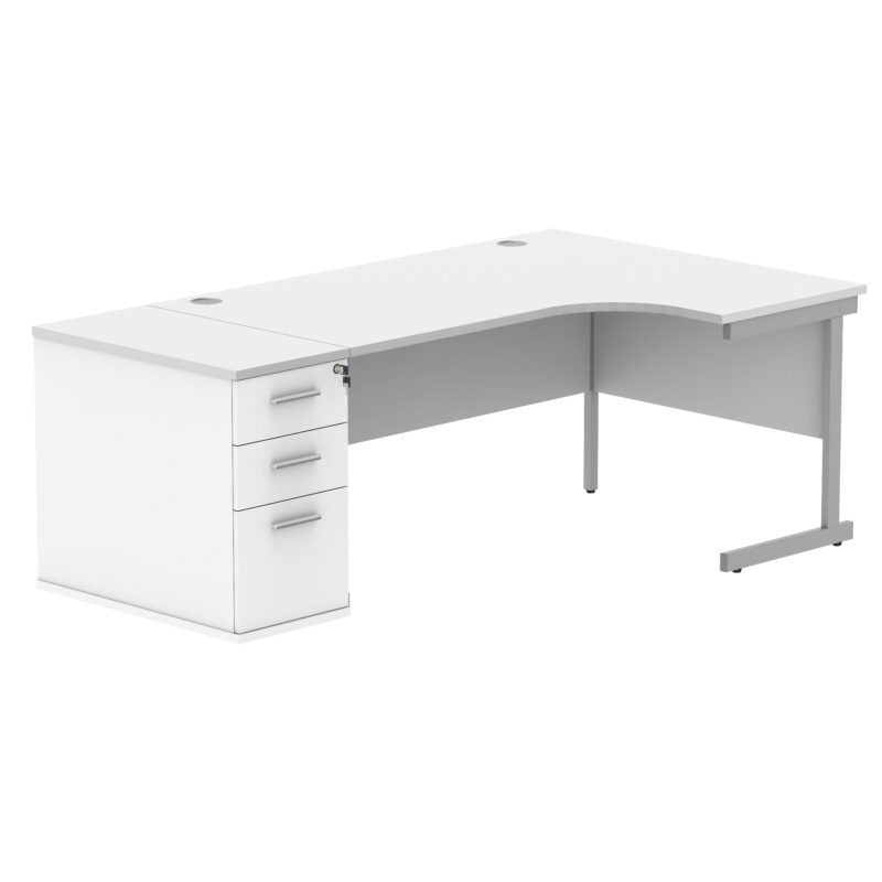 Single Upright Right Hand Radial Desk + Desk High Pedestal | 800mm Deep Pedestal | 1600 X 1200 | Arctic White/Silver