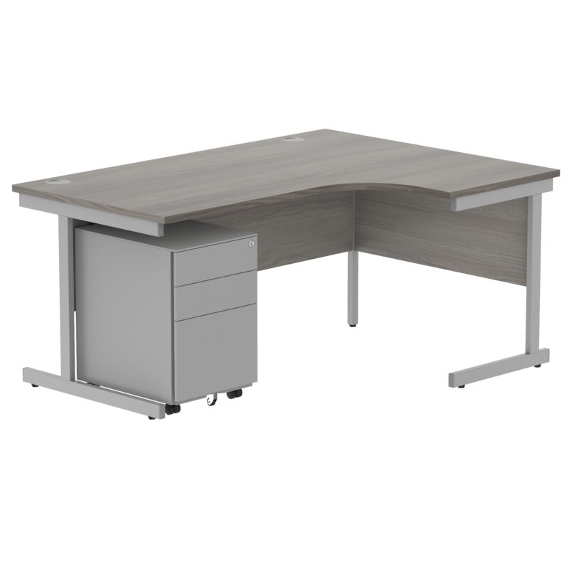 CORE Single Upright Right Hand Radial Desk + Under Desk Steel Pedestal 3 Drawers | 1600 X 1200 | Alaskan Grey Oak/Silver