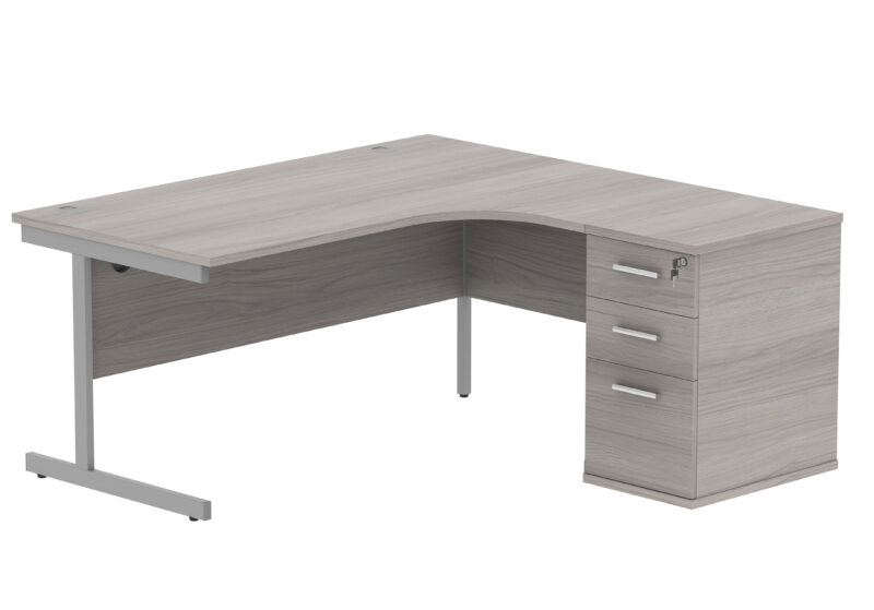 Single Upright Right Hand Radial Desk + Desk High Pedestal | 600mm Deep Pedestal | 1600 X 1200 | Alaskan Grey Oak/Silver