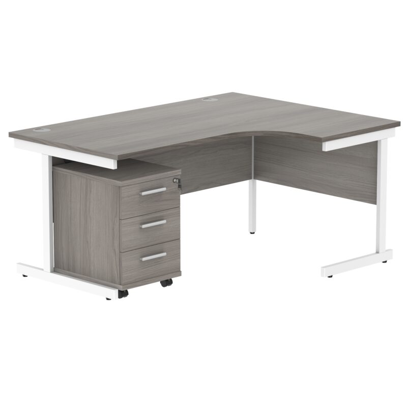 Single Upright Right Hand Radial Desk + 3 Drawer Mobile Under Desk Pedestal | 1600 X 1200 | Alaskan Grey Oak/White