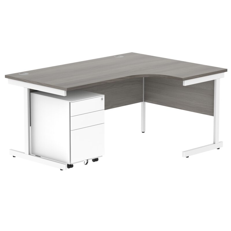 CORE Single Upright Right Hand Radial Desk + Under Desk Steel Pedestal 3 Drawers | 1600 X 1200 | Alaskan Grey Oak/White