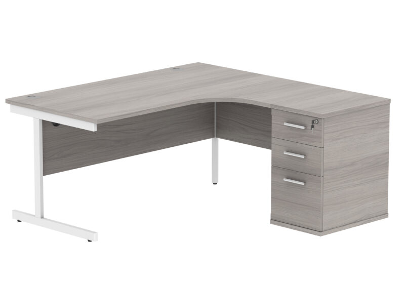 Single Upright Right Hand Radial Desk + Desk High Pedestal | 600mm Deep Pedestal | 1600 X 1200 | Alaskan Grey Oak/White