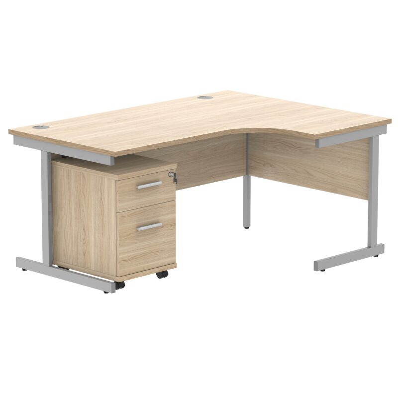 Single Upright Right Hand Radial Desk + 2 Drawer Mobile Under Desk Pedestal | 1600 X 1200 | Canadian Oak/Silver