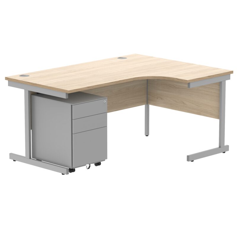 CORE Single Upright Right Hand Radial Desk + Under Desk Steel Pedestal 3 Drawers | 1600 X 1200 | Canadian Oak/Silver