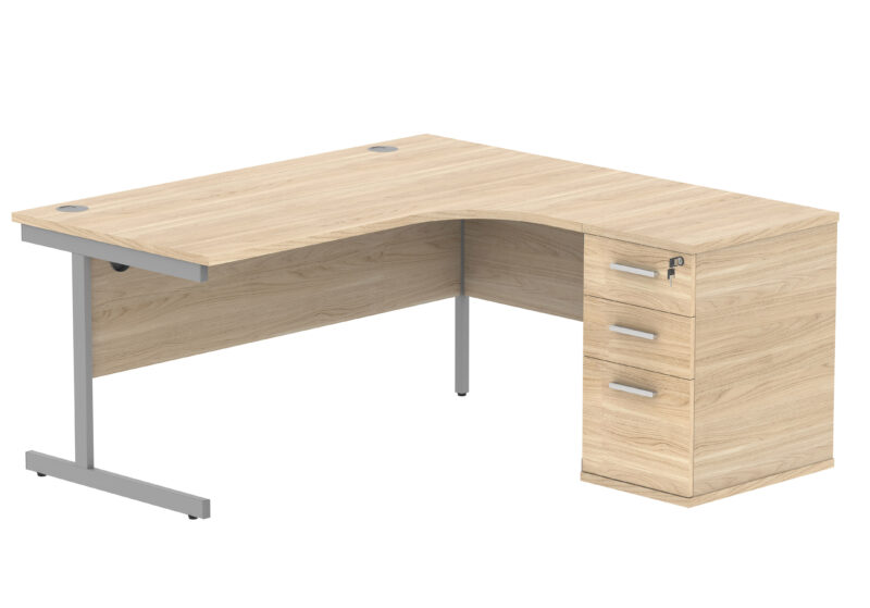 Single Upright Right Hand Radial Desk + Desk High Pedestal | 600mm Deep Pedestal | 1600 X 1200 | Canadian Oak/Silver