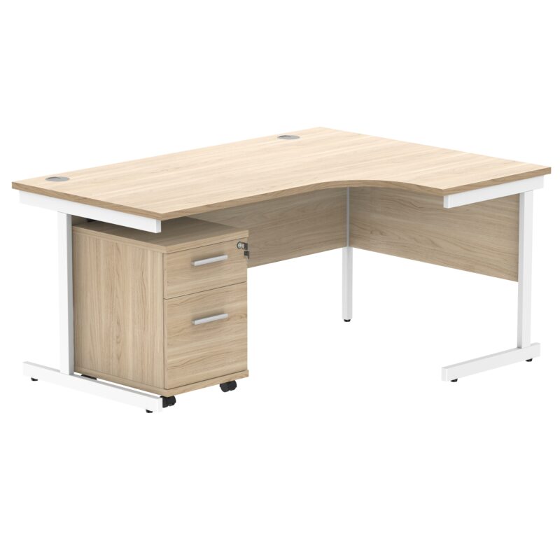 Single Upright Right Hand Radial Desk + 2 Drawer Mobile Under Desk Pedestal | 1600 X 1200 | Canadian Oak/White