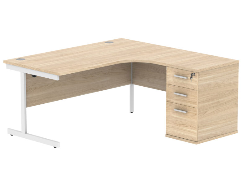 Single Upright Right Hand Radial Desk + Desk High Pedestal | 600mm Deep Pedestal | 1600 X 1200 | Canadian Oak/White