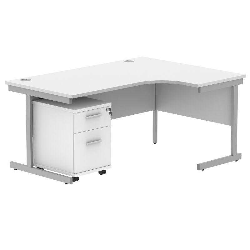 Single Upright Right Hand Radial Desk + 2 Drawer Mobile Under Desk Pedestal | 1600 X 1200 | Arctic White/Silver