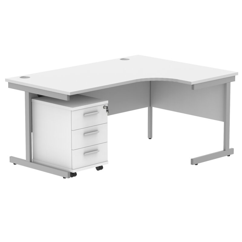 Single Upright Right Hand Radial Desk + 3 Drawer Mobile Under Desk Pedestal | 1600 X 1200 | Arctic White/Silver