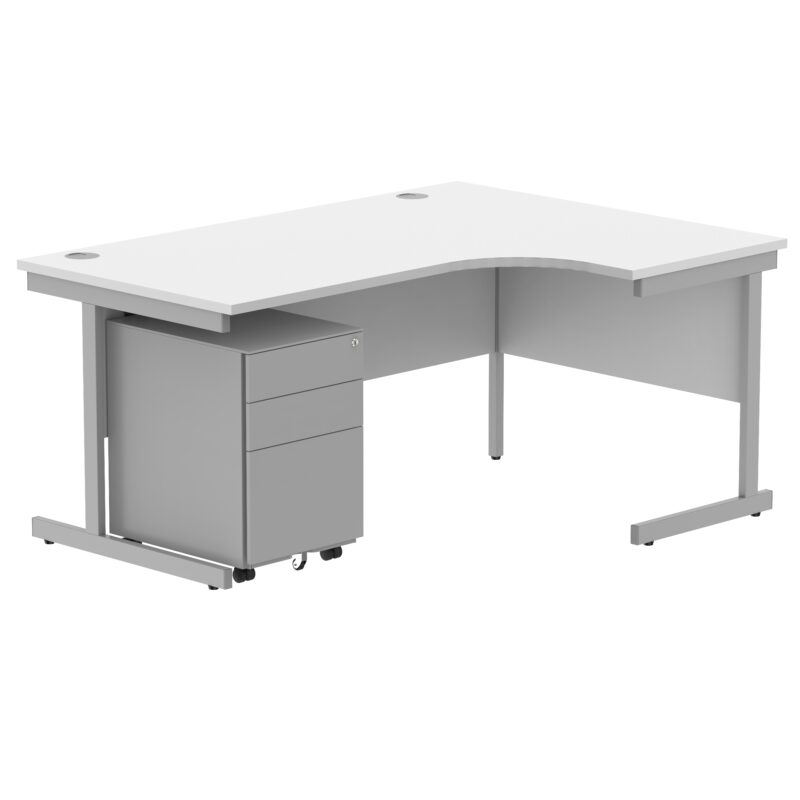 CORE Single Upright Right Hand Radial Desk + Under Desk Steel Pedestal 3 Drawers | 1600 X 1200 | Arctic White/Silver