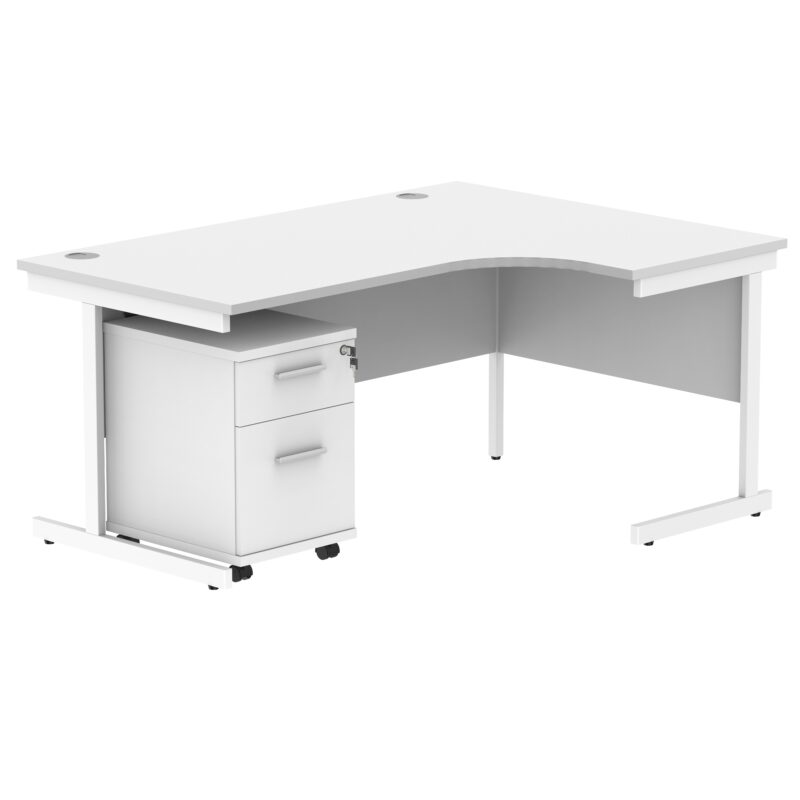 Single Upright Right Hand Radial Desk + 2 Drawer Mobile Under Desk Pedestal | 1600 X 1200 | Arctic White/White