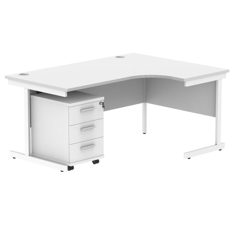 Single Upright Right Hand Radial Desk + 3 Drawer Mobile Under Desk Pedestal | 1600 X 1200 | Arctic White/White